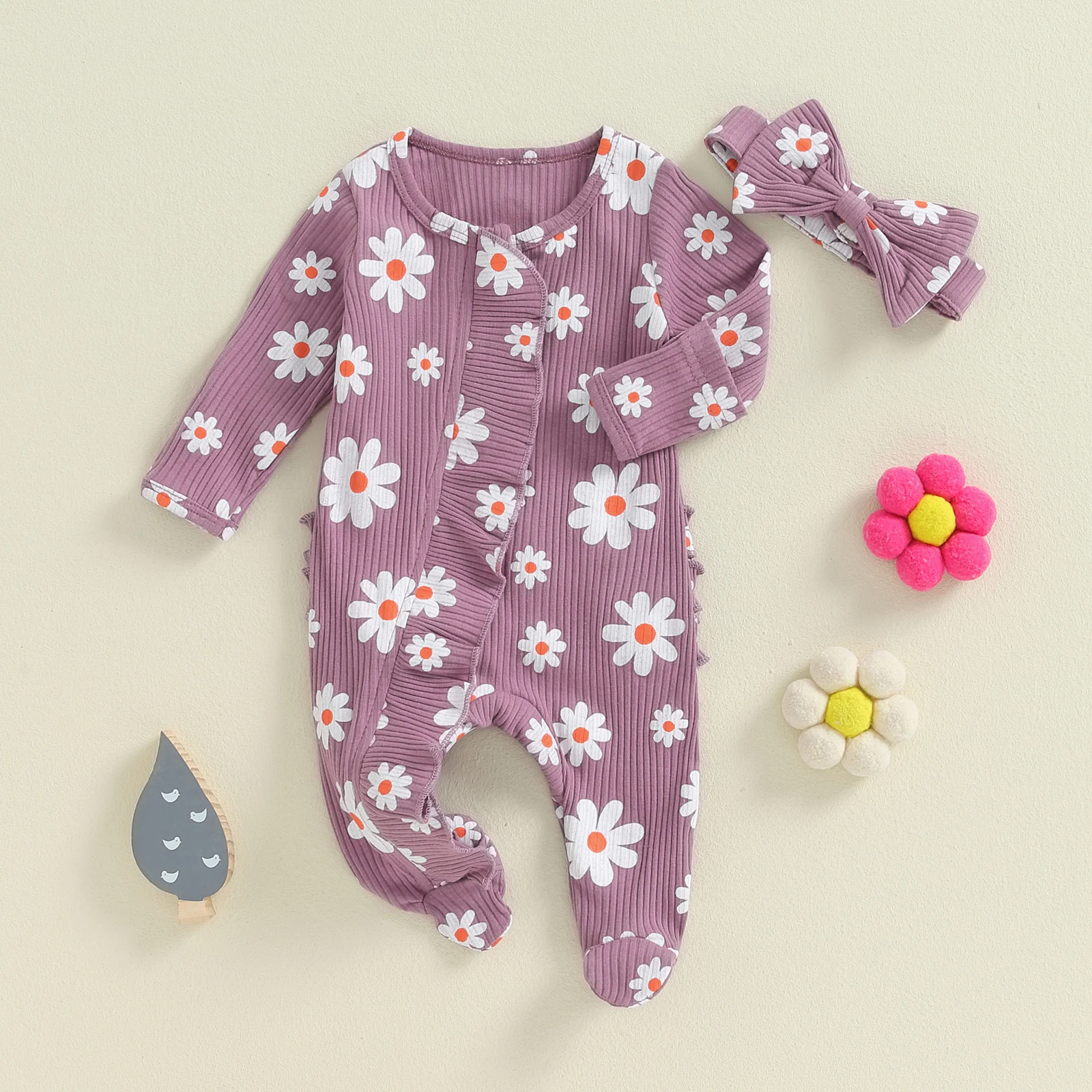 Citgeett Autumn Infant Baby Girl Footies Rompers Flower Print Long Sleeve Ruffles Jumpsuits Fall Clothes Headband