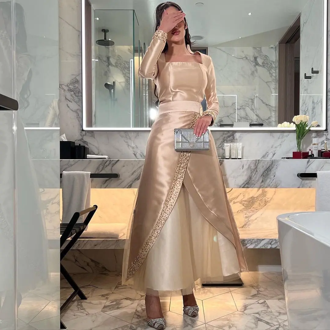 

Fashionvane Prom Dresses Square Neck Beaded Satin A Line Tulle Vestidos De Fiesta Elegantes Para Mujer Long Sleeves Party Gowns