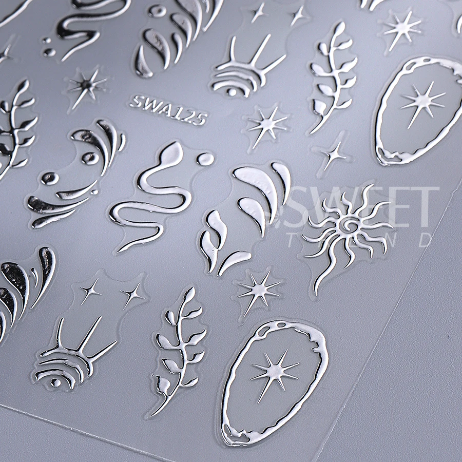 2pcs Metallic Leaves Snake Nail Stickers 3D Gold Silver Stars Sun Line Design Nail Decals DIY Holographic Manicure Slider Decor
