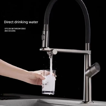 ก๊อกน้ําห้องครัวทองเหลืองสีเทาปืนหรู 1 รู ด้ามจับคู่ ระบบควบคุมคู่เย็นและร้อน พร้อมน้ํากรอง อ่างล้างจานสองฟังก์ชั่น Tap 1