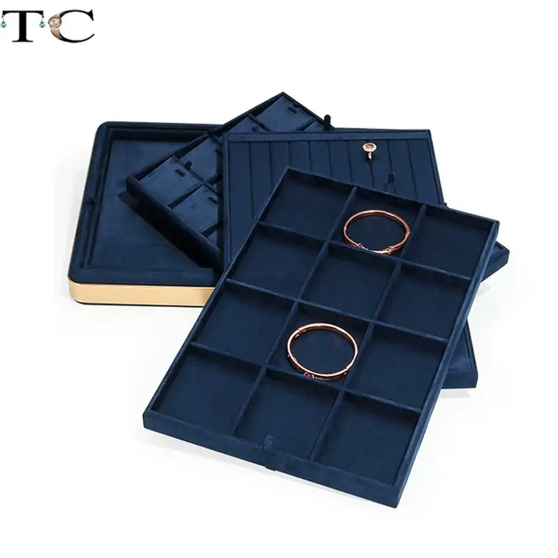 

Jewelry Display Tray Gold Metal Covered Ring Necklace Display Tray Dark Blue Microfiber Can Any Combination Tray