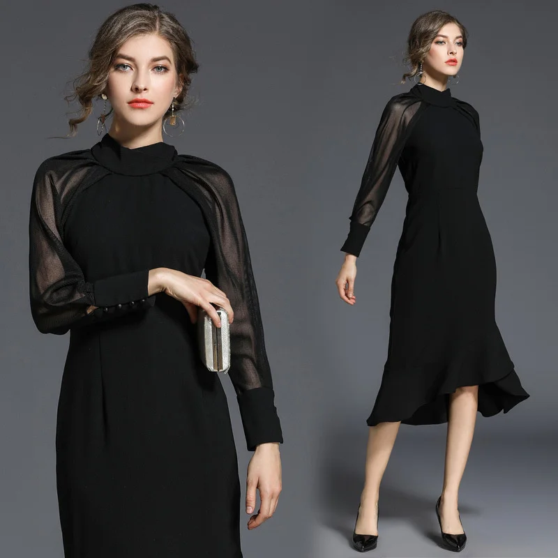 

Spring Autumn Women's Standing Neck Black Mid length Tight Long Sleeve Dress High Quality Fishtail Dress