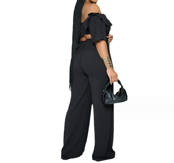 Two Piece Set Set for Women 2023 Off Shoulder Lotus Leaf Edge Short Top Wide Leg Pants Set Female Suit 2023 Spring Streetwear