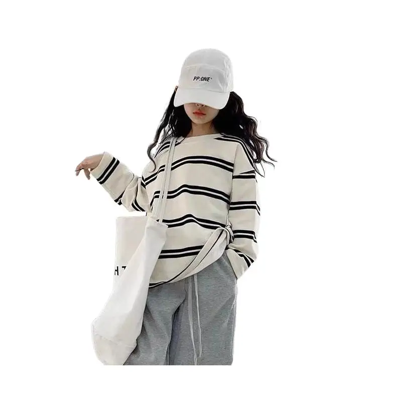 여아 긴팔 2피스 의상 스트라이프 후드티와 조거 팬츠 세트 한국 스타일 가을 캐주얼 의류 큰 아이들을 위한 트렌디한 옷