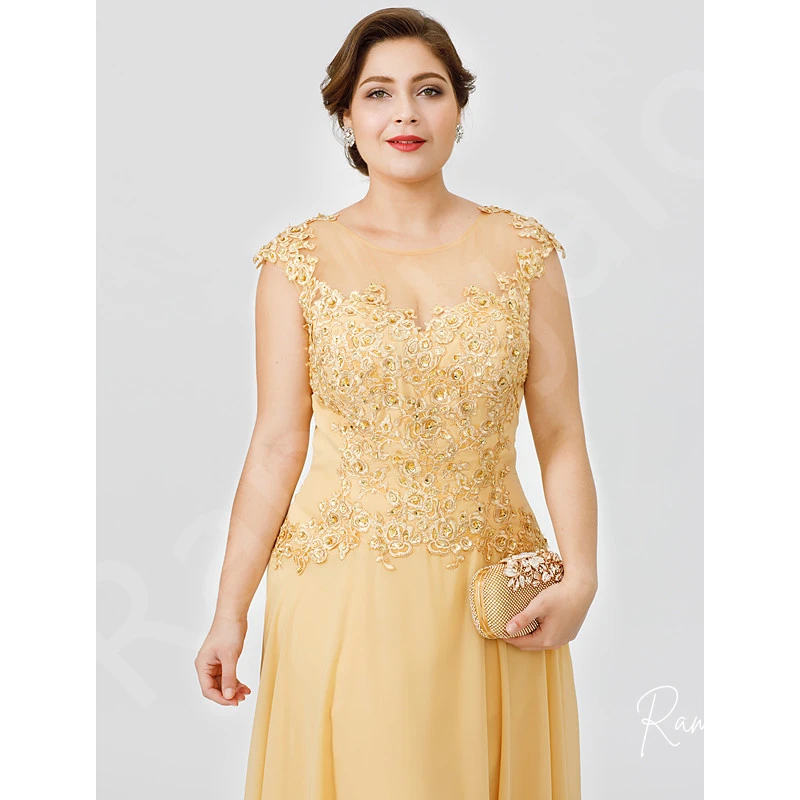 Long Mother Of The Bride Groom Dresses for Wedding Gold Chiffon Plus Size Lace Appliques Cap Short Sleeves Sheer Invitada Guest