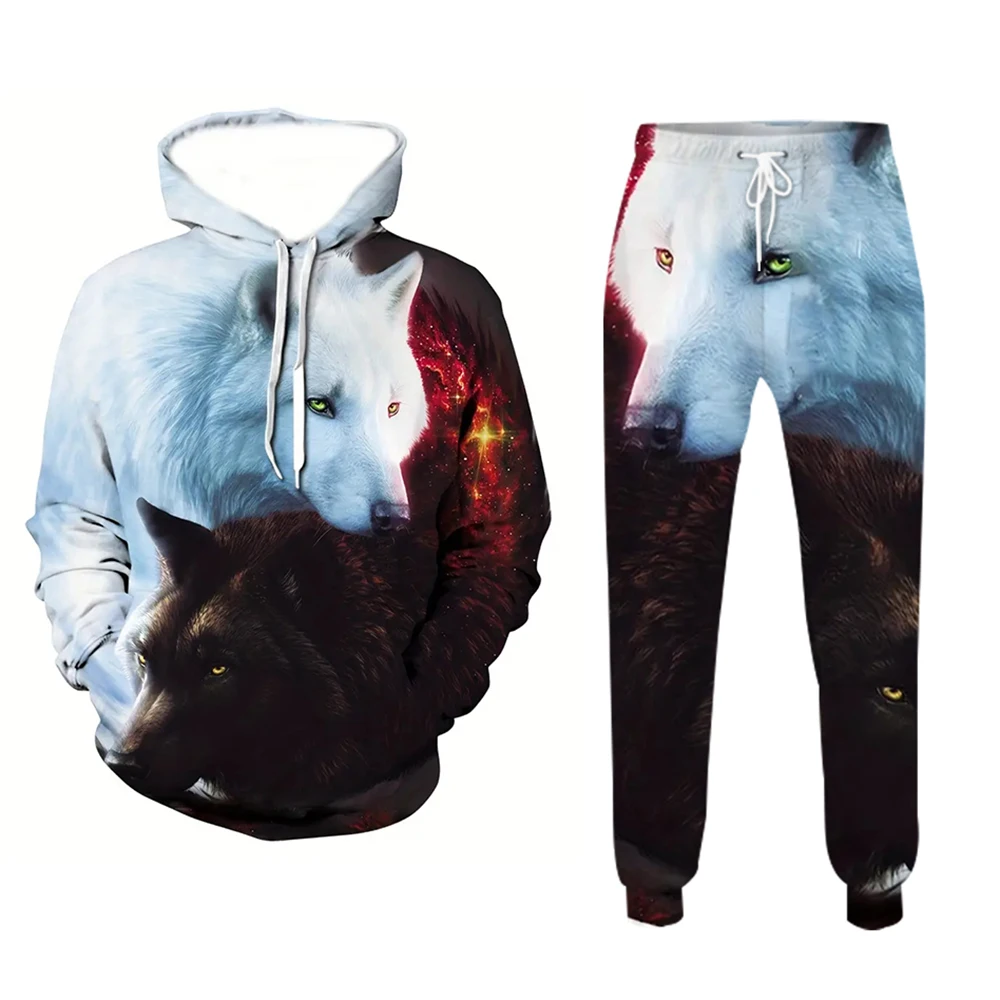 

Vintage Black and White Wolf Print Men's Tracksuit Two-Piece Jumper Fashion Men's Fall/winter Casual Plus Street Sweatshirt