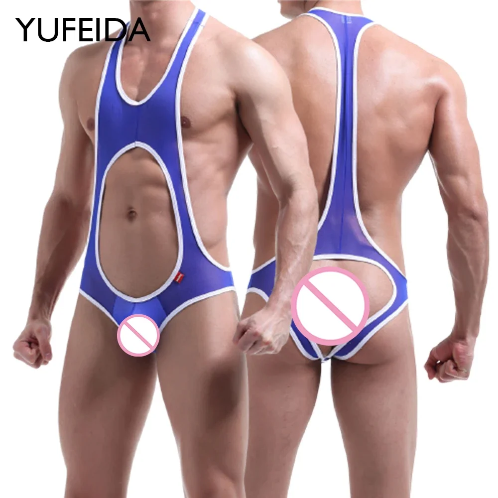 YUFEIDA Men Undershirts Open Butt Breathable Mesh Bodysuit Bodywear Bondage Hollow Out Jumpsuit Tight Lingerie Cuecas Undershirt