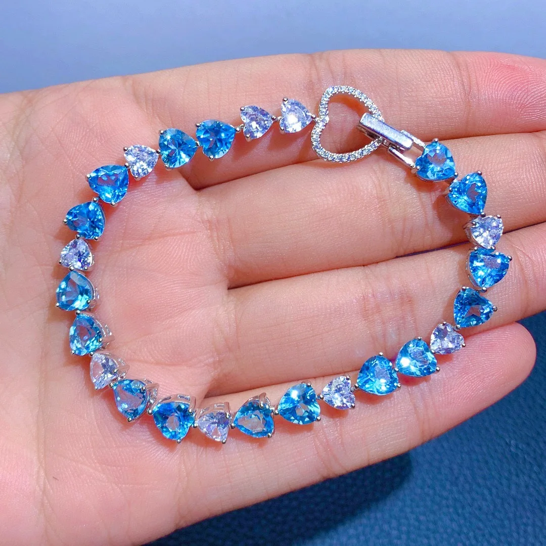 

Foydjew New Swiss Blue Simulation Topaz Bracelets Chain Women's Luxury Heart Sea Blue High Carbon Zircon Card Buckle Bracelet