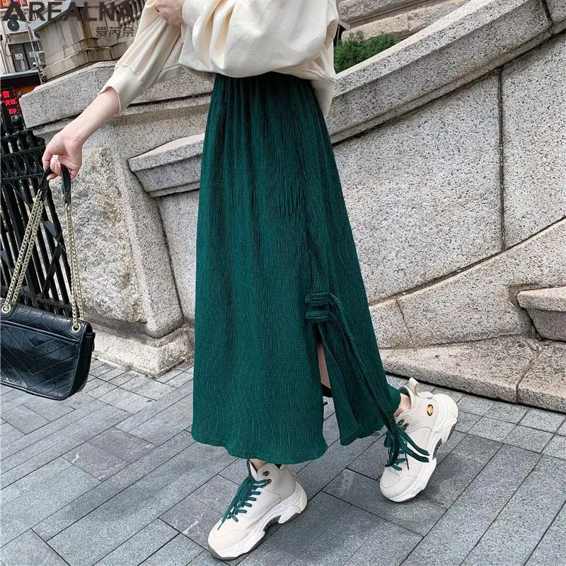 

Vintage Split green Skirt 2023 autumn winter high waist woven skirt Korean Fashion Mid-calf skirts for woman A-line skirt faldas