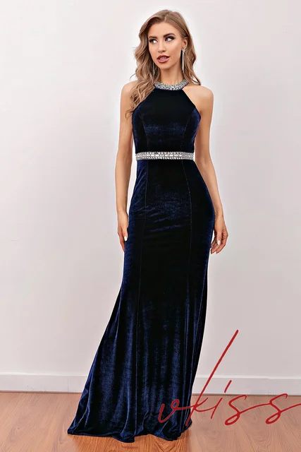 2022 Mermaid Navy Blue Velvet Beadings Crtstals Evening Dresses  Elegant Jewel Neck Open Back Sash Sweep Train Prom Gowns 3