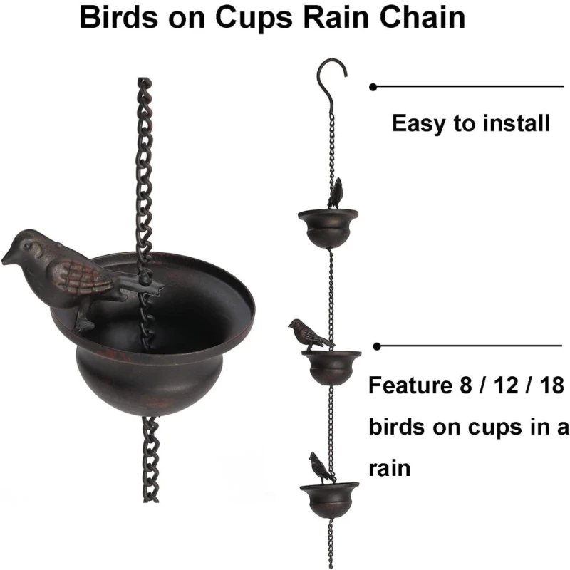2.4 Meter Rain Chain Rain Chain Adapter Stainless Steel Chains Rain Chain Black-Bird Rain Chain Water Drain Gutter for Garden Park Home Roof Downspout Decoration with Hanger