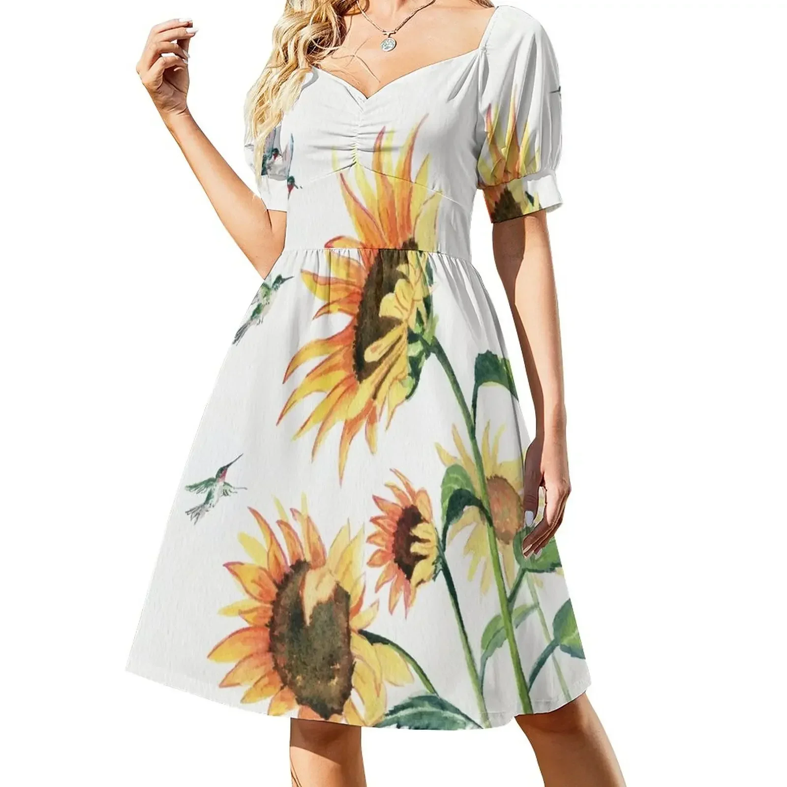 Vestido de manga corta con girasoles y colibríes. Vestidos largos con velo para mujer. Vestido largo para mujer. Vestidos de fiesta.