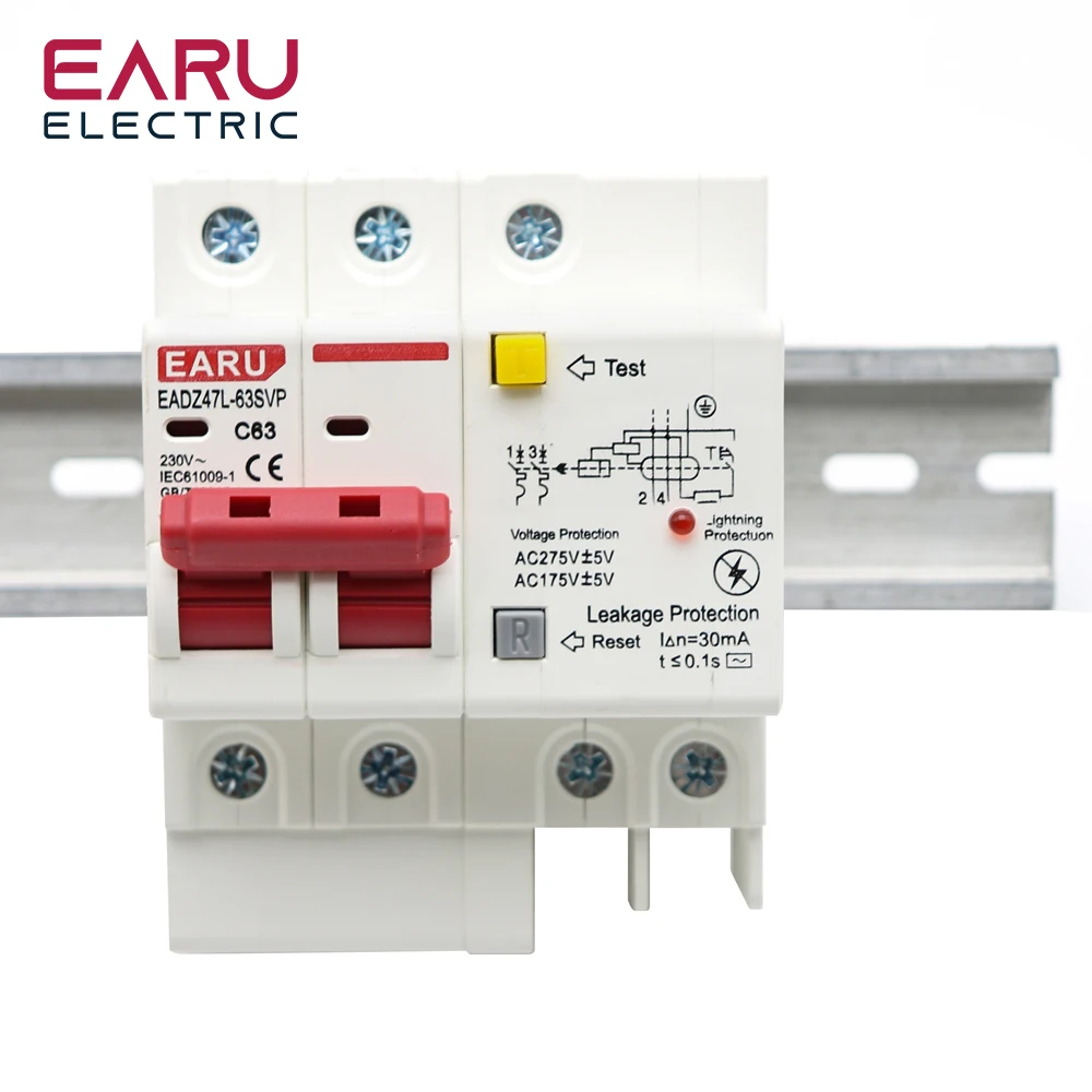 vazamento, 2P, SPD, 230V, RCBO, RCCB