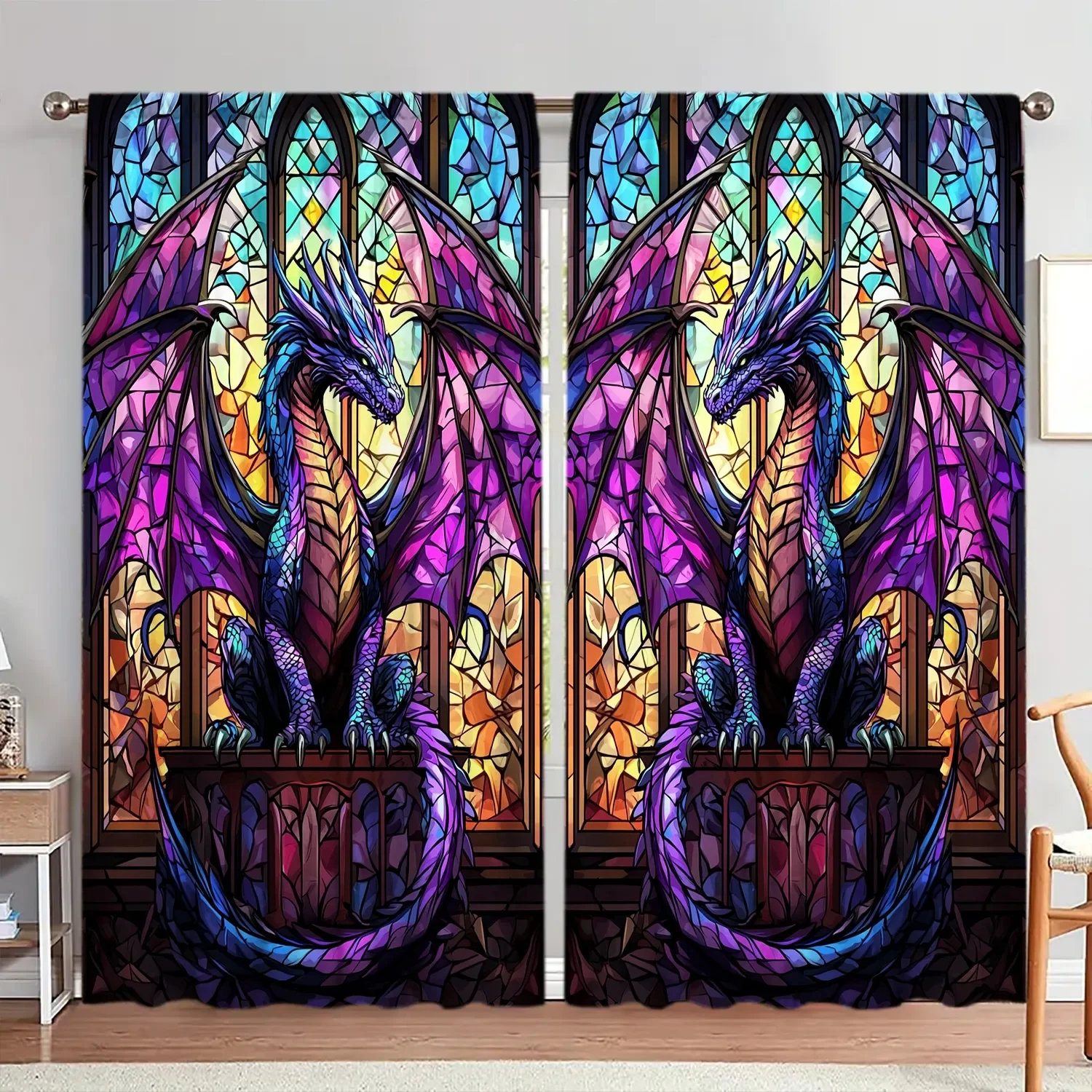 2pcs Stained Glass Dragon Printed Curtain - Artistic Home Decoration Curtains, All Season Decorative Curtains 5