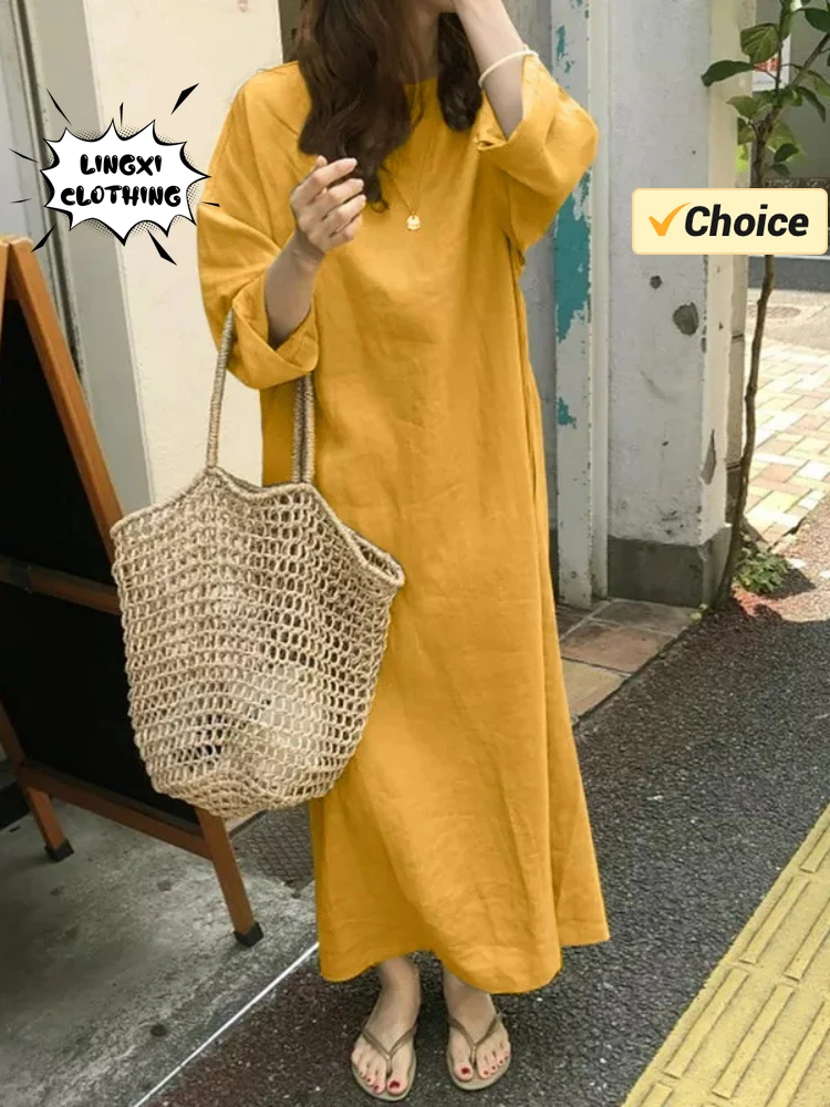 

New Fashion Summer Art Leisure Vintage Long Sleeved Round Neck Loose Linen Korean Fashion Women's Light and Thin Long Skirt