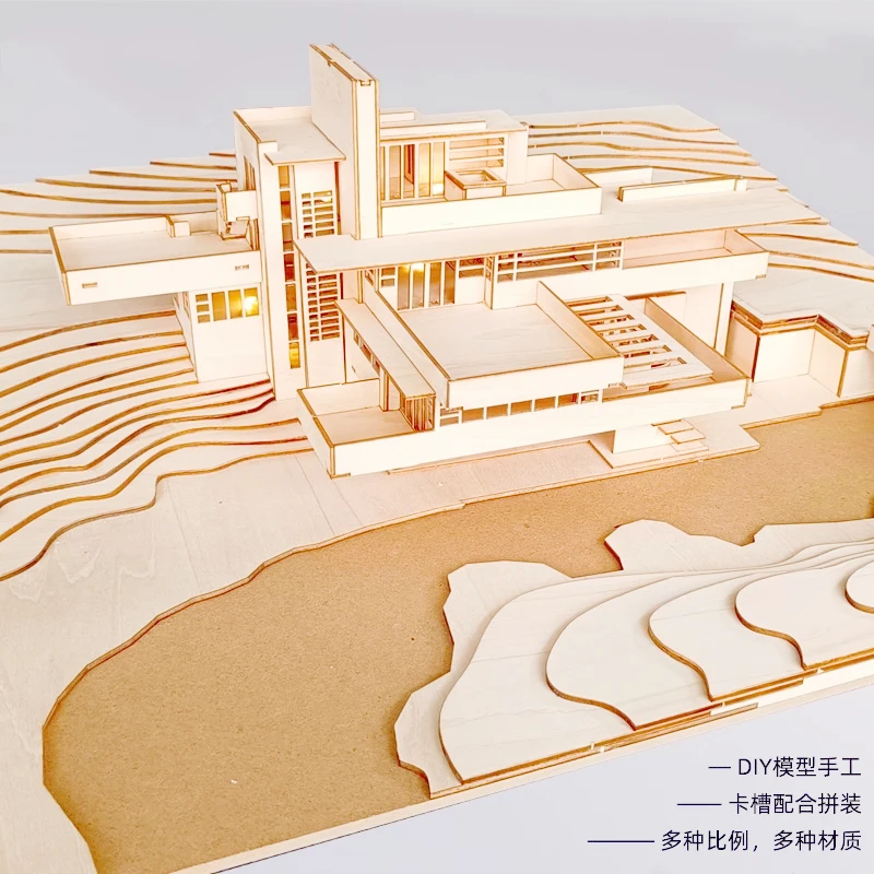 1:200 규모 건축 목조 빌딩 블록 Fallingwater 빌라 조립식 주택 소형 건..