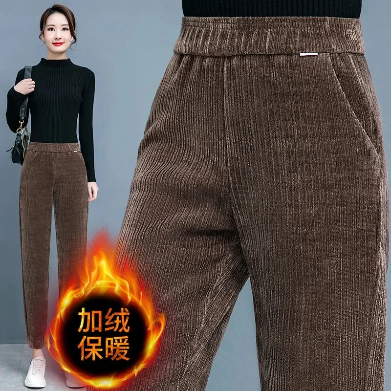 Plush Thick Casaul Pants Women Solid Elastic Waist Pocket Corduroy Harem Pant Snow Wear Fleece Lined Retro Mom Winter Trousers