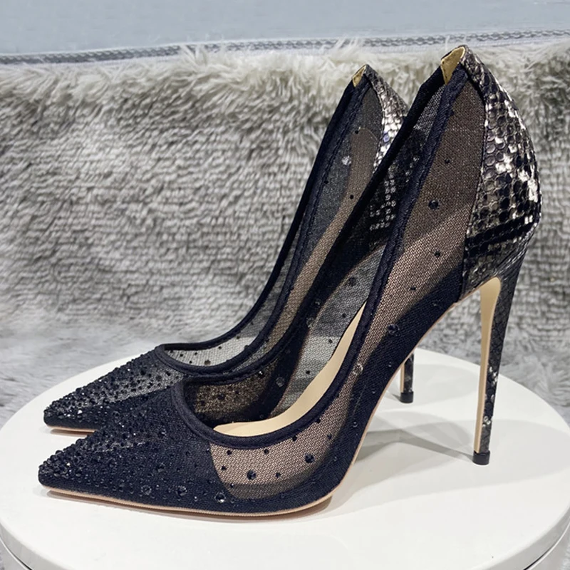 

Summer Bling Black See-through Women Stiletto High Heels Sexy Ladies Shiny Pointed Toe Pumps Fashion Wedding Shoes SJ012