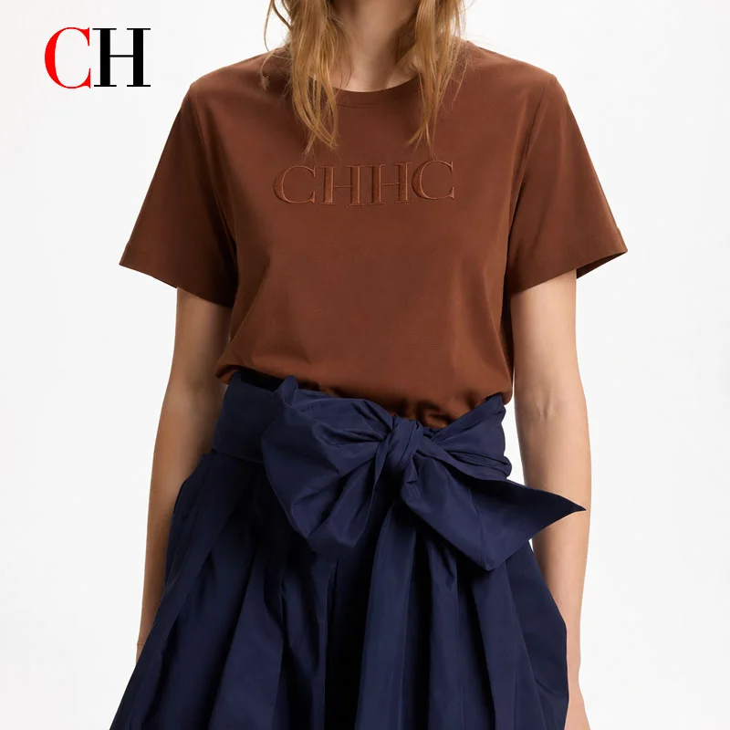CH Damen-T-Shirt mit CHHC-Stickerei, Rundhalsausschnitt, kurze Ärmel, weiche Baumwolle, lässiges, tägliches Sommer-Top