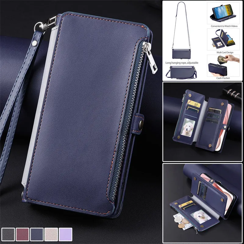 Deluxe Leather Flip Phone Case with Long Lanyard and Zipper Wallet Card Holder