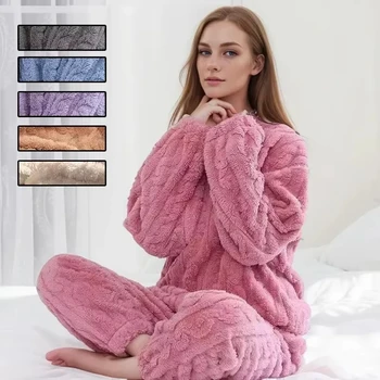 Ensemble pyjama épais et chaud en molleton de corail pour femme, vêtements de maison imprimés de dessins animés, vêtements de nu 1