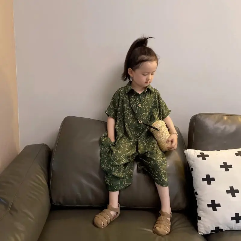 

Детский комбинезон, Новинка лета 2024, повседневный Модный комбинезон с принтом, свободная и удобная детская одежда для улицы