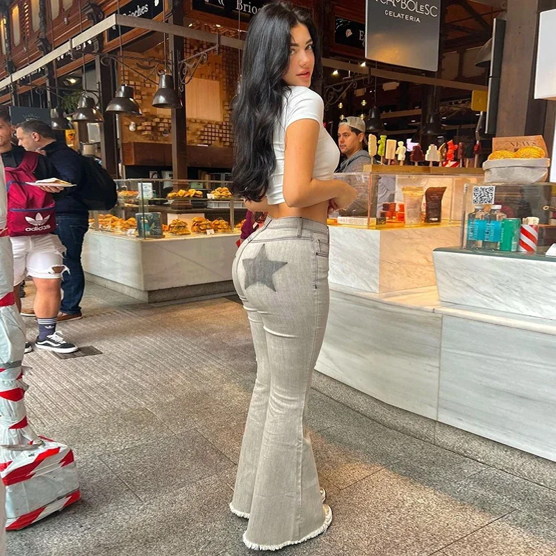Streetwear Stitched Jeans Vintage Printing Casual Low Rise Flared Jeans Streetwear Women Slim Denim Solid New Trousers TYFS53