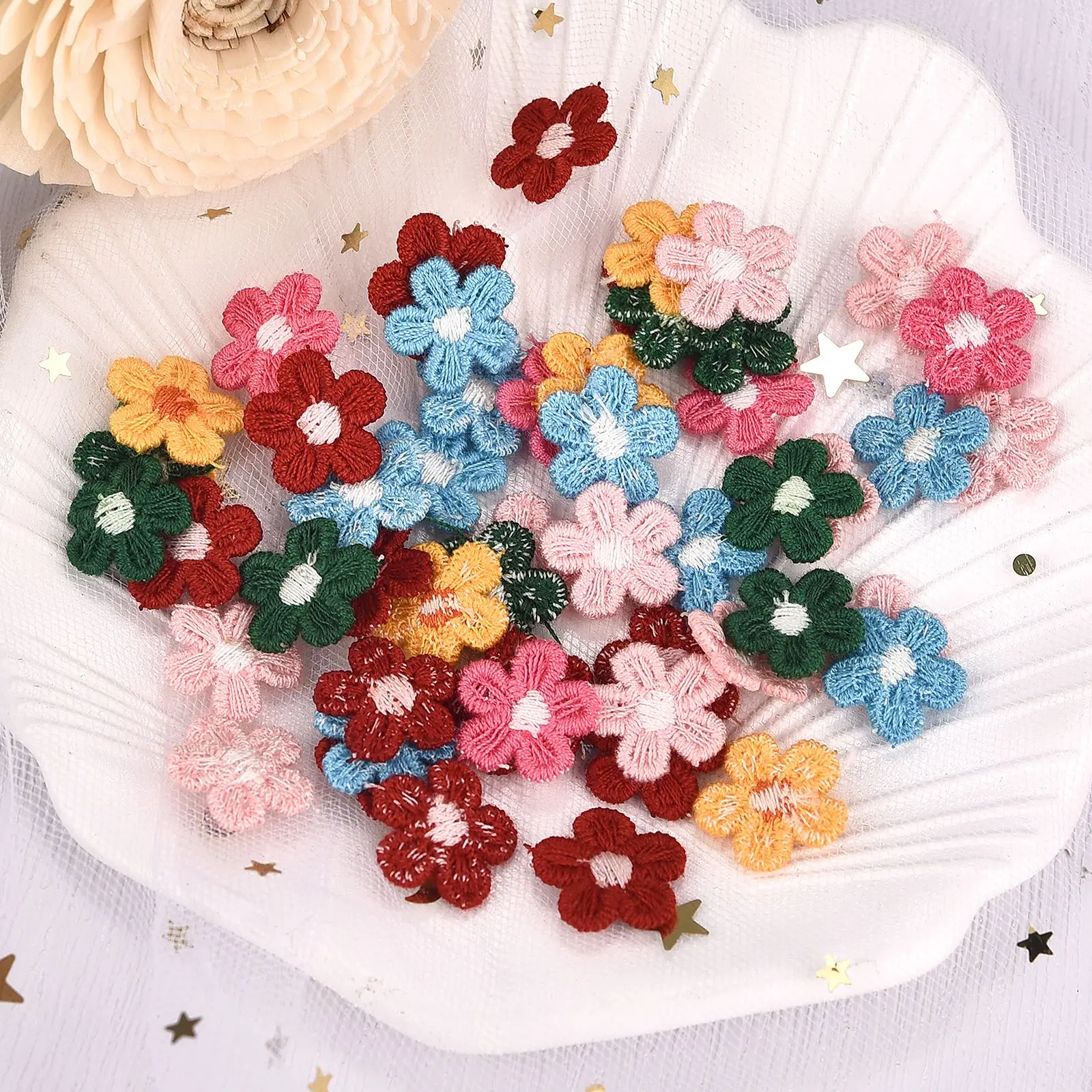 DIY 공예품용 혼합 색상 꽃 아플리케 레이스, 바느질 액세서리, 수제 재료, 웨딩 용품, 홈 데코, 50 개