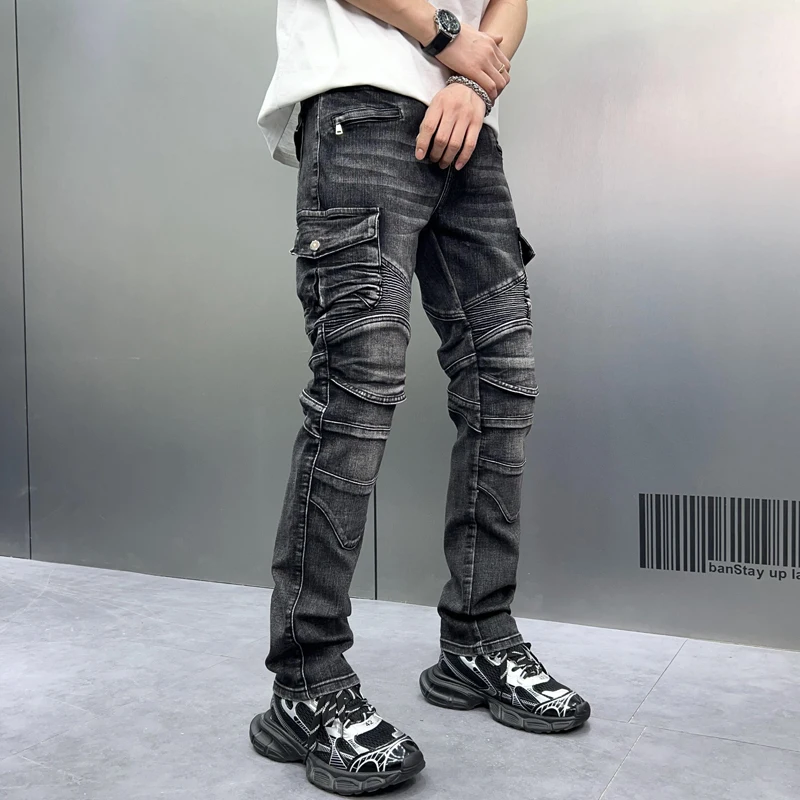 Retro Biker's Jeans Men's Stitching Ruffle Design Street Vintage Fashion Trendy Slim Fit Stretch Skinny Trousers
