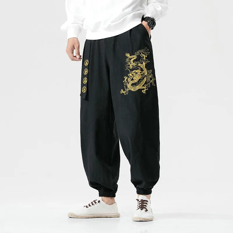 

Embroidery Harem Pants Brand Men's Fashion Casual Wide Leg Jogger Trousers Man Cotton Linen Jogging Pants Plus Size 5XL