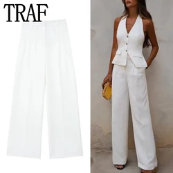TRAF 2023 White Wide Leg Pants Women Office Wear Chic And Elegant Woman Pants High Waist Baggy Pants Woman Streetwear Trousers