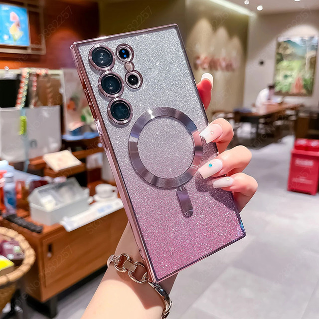 Glitter Luxury Magnetic Woman Case For Magsafe For Samsung Galaxy S24 S23 S22 Ultra Plus Accessories Wireless Charging Cover - For Galaxy S21 Ultra, Rose Gold