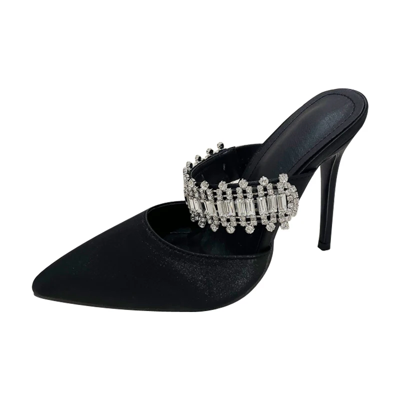 Summer Pointed Silk Rhinestone Strap Women's Sandals Slippers Hollow Slip On Slides Solid Color Fashion Sexy Dress Shoes Pumps