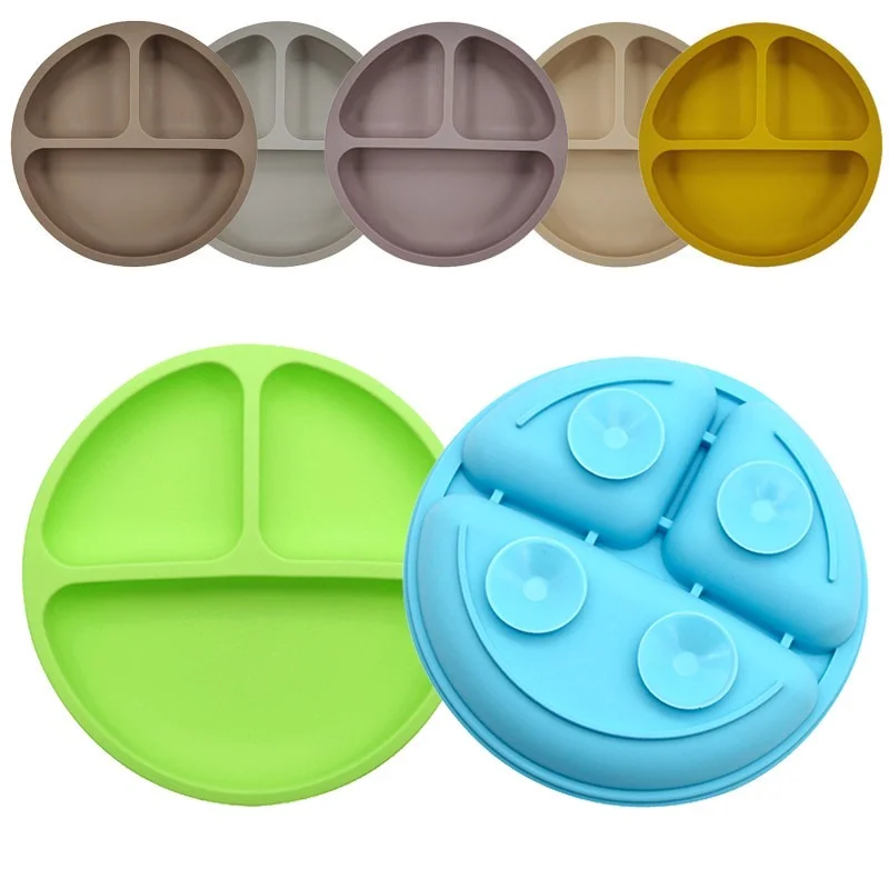 

2023 Silicone Dining Plate Kids Feeding Plate Sucker Bowl Solid Smile Face Children Dishes Toddler Training Tableware BPA Free
