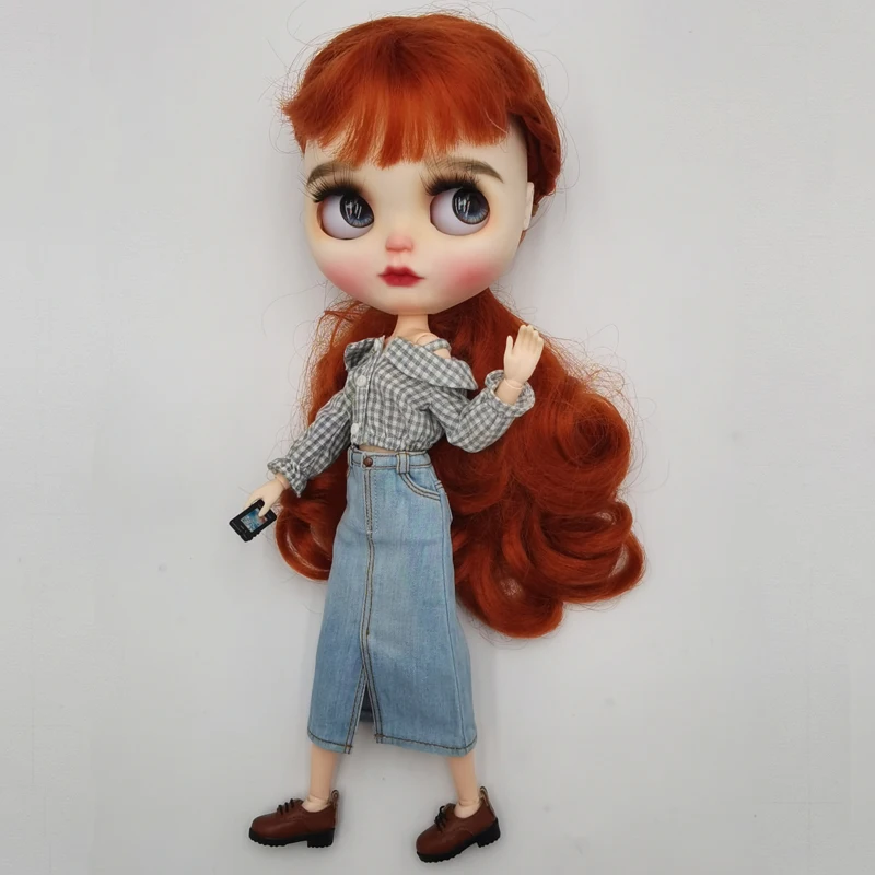 Blythe Doll Jeans Short Pants and Plaid Blouse for Ob24 Ob22 Azone Doll Clothes