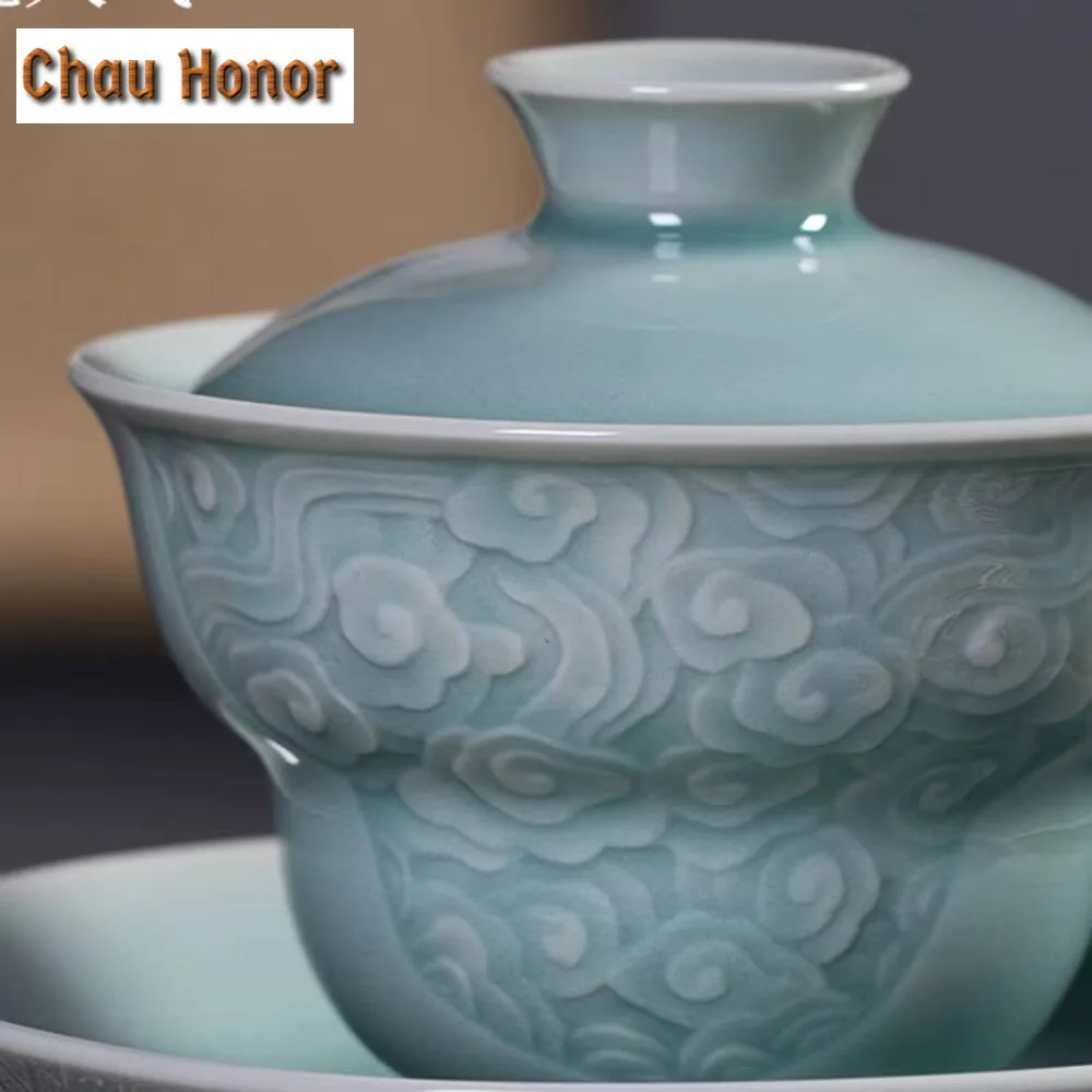 160ml Luxury Plum Green Ceramic Gaiwan Handmade Longquan Celadon Gourd Sopera Tea Tureen Tea Maker Cover Bowl Teaware Collection