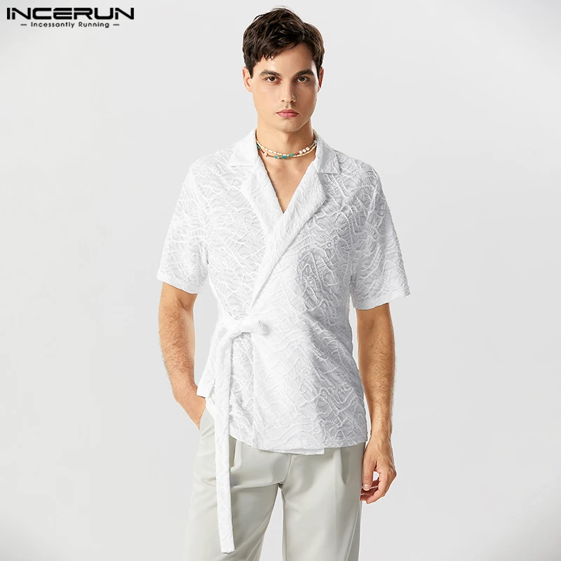 

INCERUN Men Shirt Solid Color Lapel Short Sleeve Lace Up Streetwear Thin Men Clothing Summer 2023 Fashion Casual Camisas S-5XL