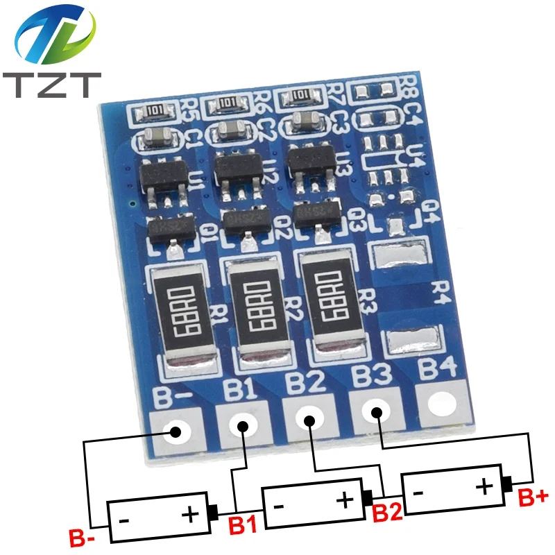 Vue du panneau d'équilibrage lipo li-ion 3S 4.2V pour chargeur multiport batterie montrant les ports de connexion