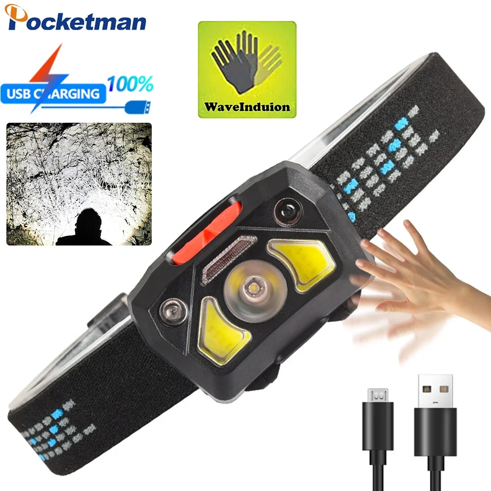 Smart Motion Sensor COB LED Headlamp Super Bright Rechargeable Headlight Outdoor Waterproof Head Lamp Head flashlight