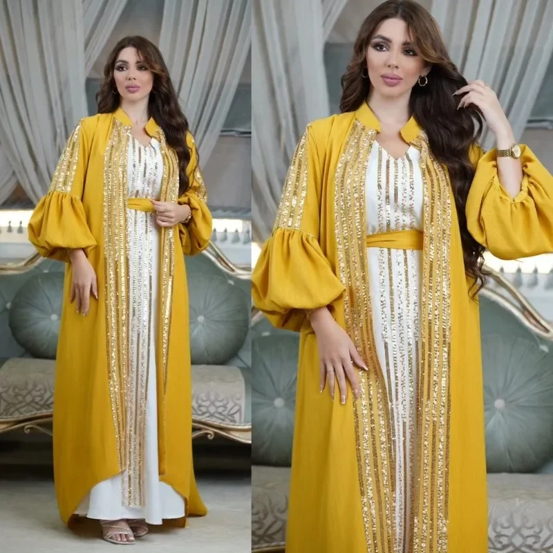 Robe Muslim Fashion Women's Wear Sequin Embroider Two-Piece Set Puff Sleeve Dress Muslim Dress Women Formal Dress