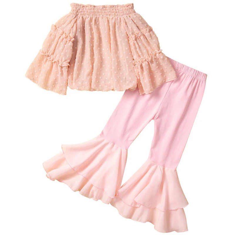 

2Piece Spring Clothes Toddler Girl Outfits Set Pink Fashion Mesh Long Sleeve Baby Tops+Flare Pants Luxury Kids Clothing BC674