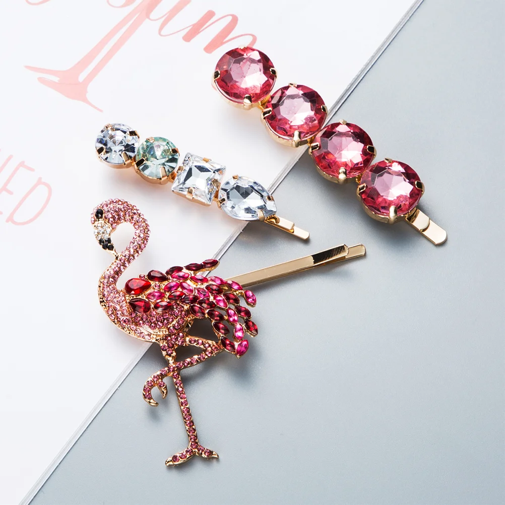 

3pcs in 1 Set Elegant Flamingo Barrettes Women Rhinestone Hair Clips Fashion Bobby Pin Hair Accessories Acrylic Hairpin