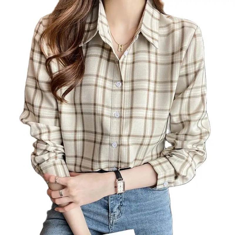 QOERLIN Fashion Plaid Blouse 2024 New Turn-Down Long Sleeve Tops Khaki Chiffon Shirts Female Loose Casual Button Up Tops Trendy