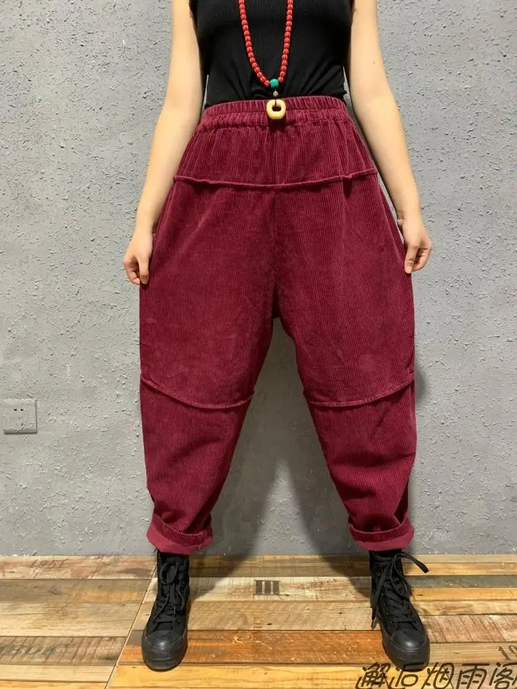 2022 Spring Autumn New Arts Style Women Elastic Waist Loose Trousers Female Double Pocket cotton Corduroy Harem Pants V910 dress pants