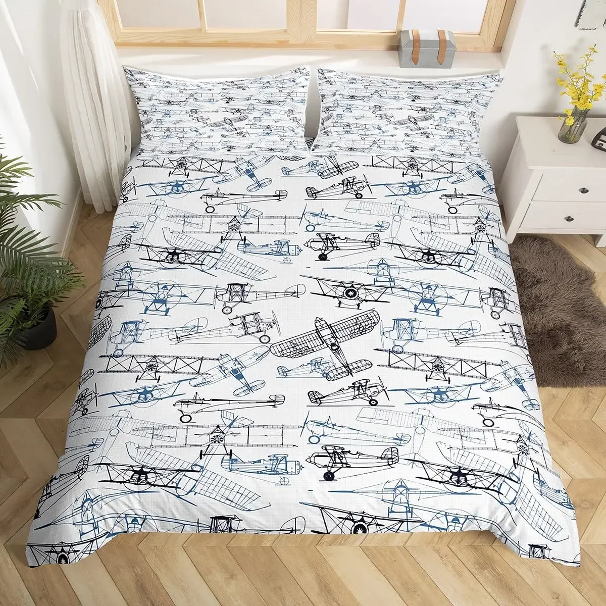 Cartoon Aircraft Duvet Cover Set Full Size Blue Green Airplane Bedding Set 3Pcs Army Camo Comforter Cover for Kids Boys Teen Men