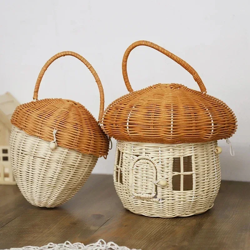 Handmade Rattan Mushroom Shaped Storage Basket Children Woven Bags Cute Outdoor Vacation Picnic Baskets  Handbag Christmas Gift 3
