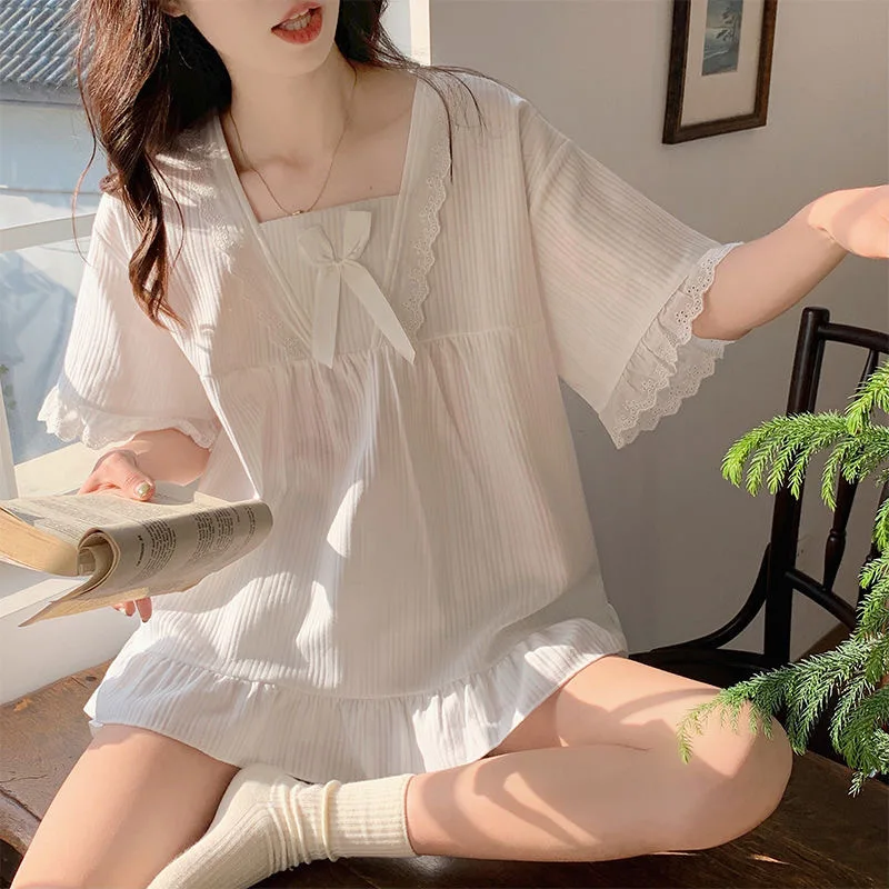 طقم بيجامات على طراز قصر للسيدات ، ملابس نوم مع وسادة ، أكمام قصيرة ، كوري ، صغير ، صديقات جميلات ، صيف
