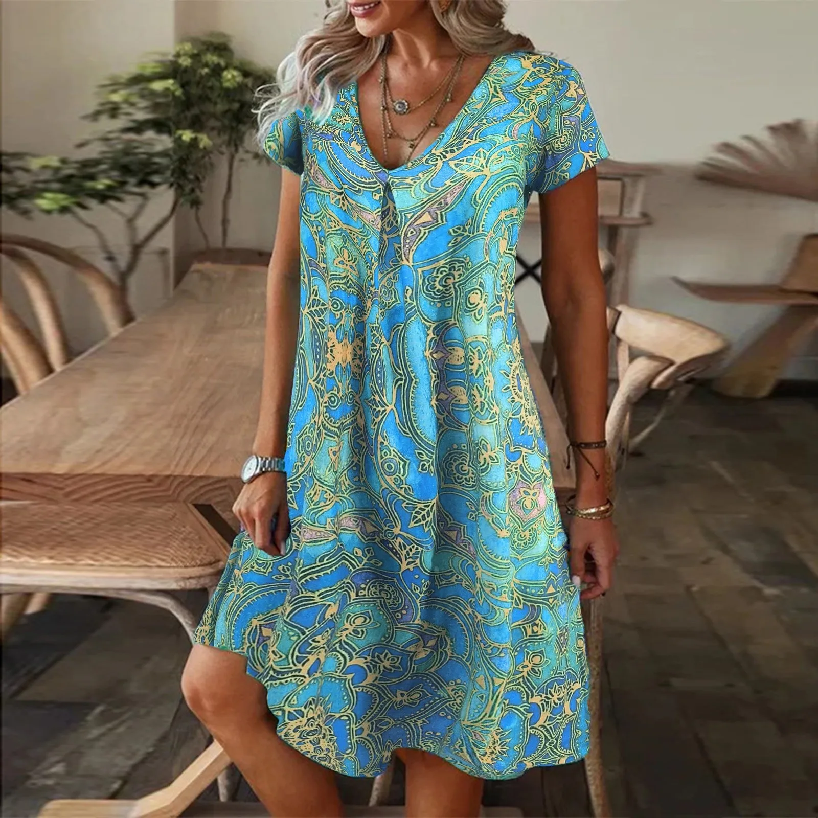 Floral Short Sleeve V Neck Summer Dress