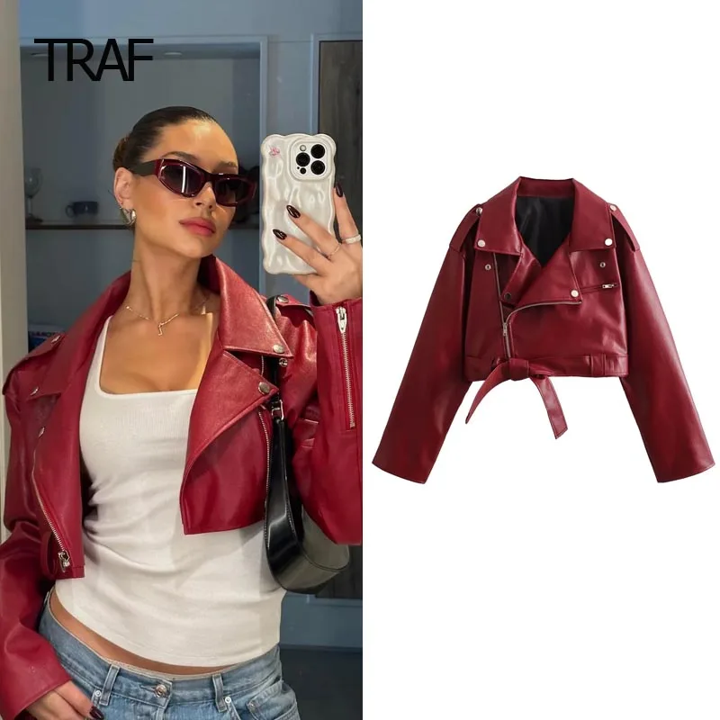 

TRAF Demi-Season Women's Bomber Jacket Cropped Leather Jacket Long Sleeve Top Winter Women’s Warm Coat Moto Biker Zipper Jacket