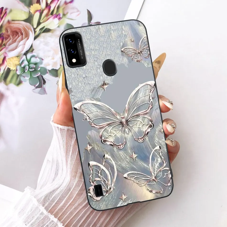 Charming Floral Butterfly Cat Black Silicone Phone Case